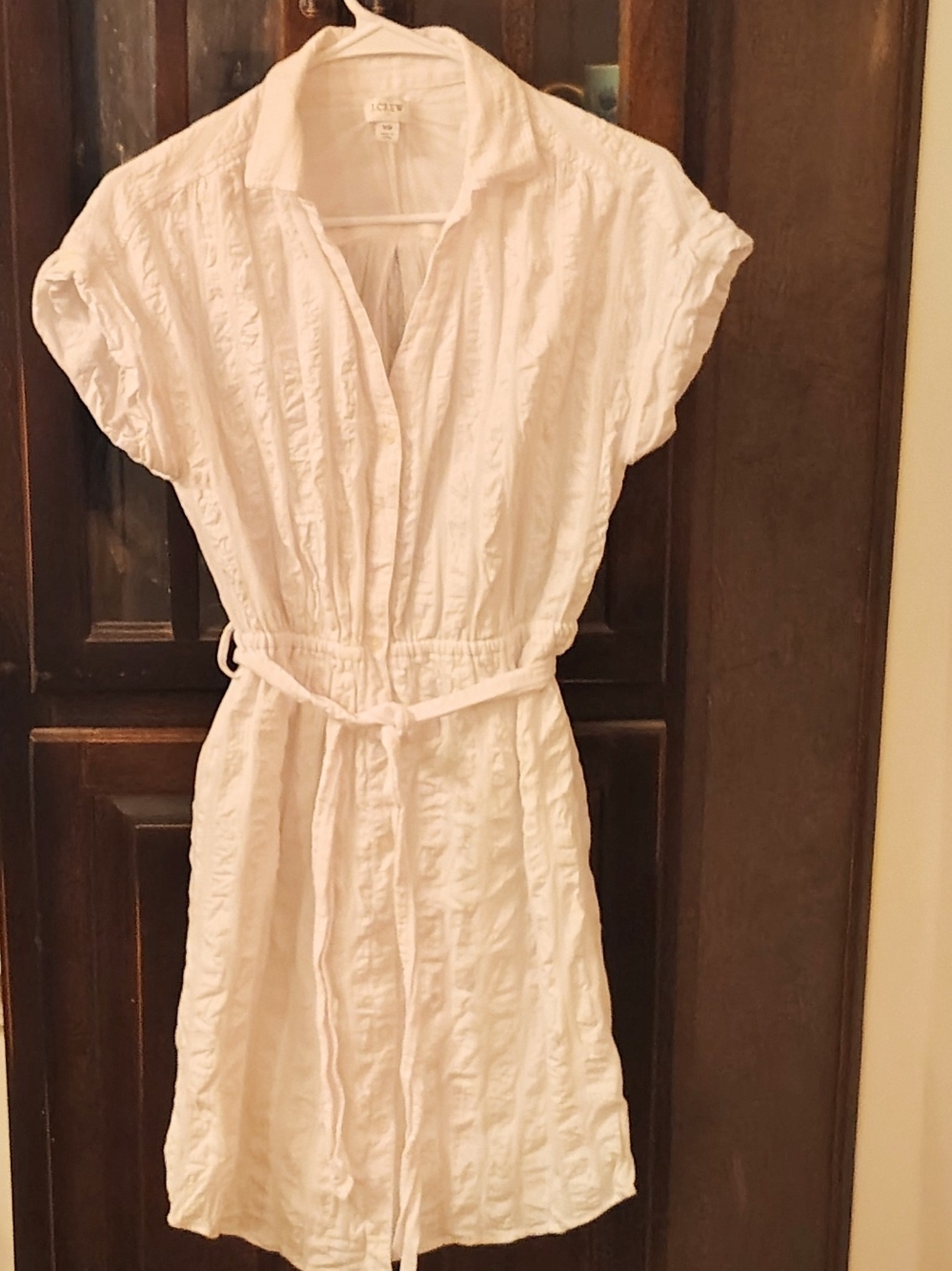 J. Crew Shirt Mini Dress White Short-Sleeve Textured  with Waist Tie. Size XS
